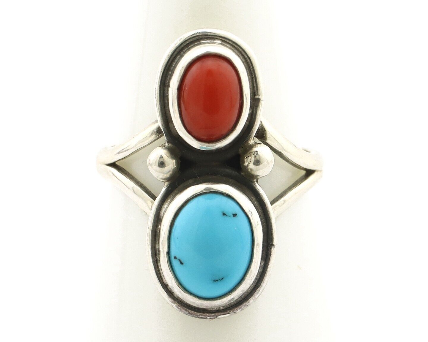 Navajo Inlay Band Ring 925 Silver Turquoise & Coral Native Artist C.80's