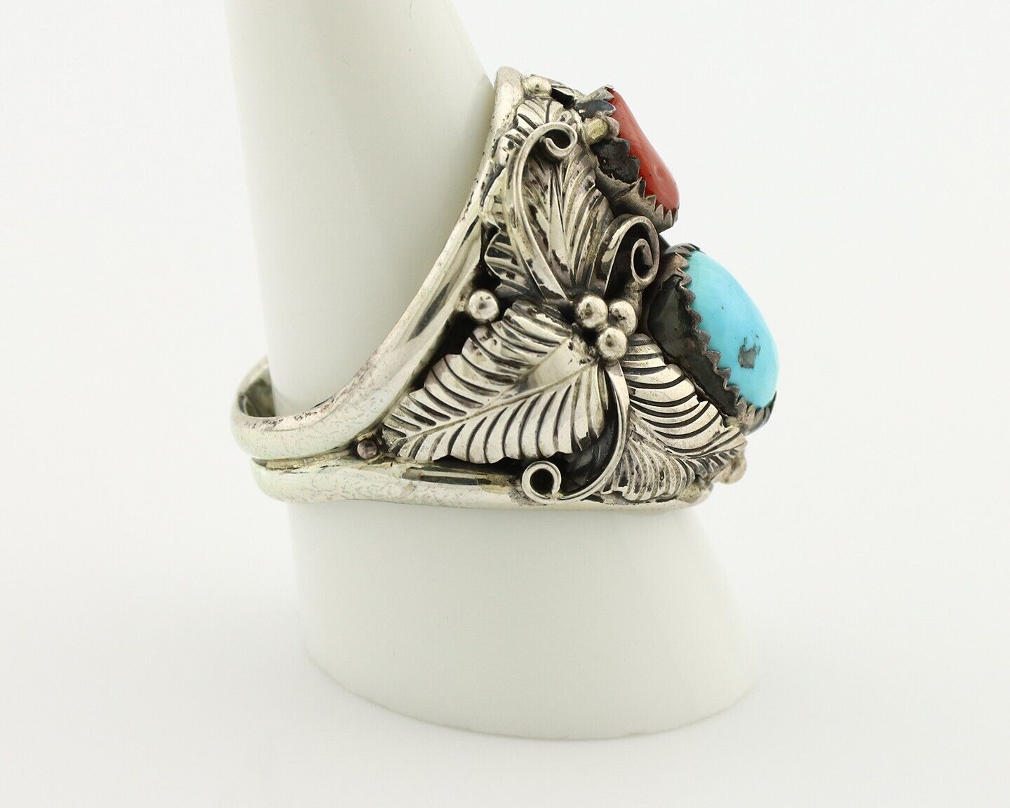 Navajo Ring 925 Silver Blue Turquiose & Mediterranean Coral Native Artist C.80's