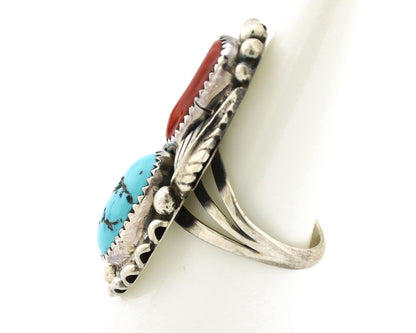 Navajo Ring 925 Silver Blue Turquoise & Coral Signed Stanley Bain C.80's