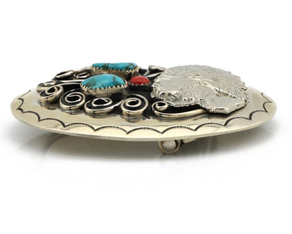 Navajo Chief Belt Buckle Nicle Silver Gemstone Handmade Native American C.80's