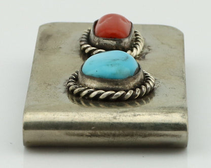 Navajo Money Clip 925 Silver & 999 Nickel Natural Turquoise & Coral Artist C80
