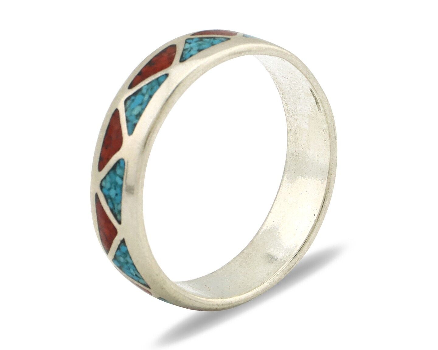 Navajo Chip Inlay Ring 925 Silver Sleeping Beauty Turquoise & Coral Silver Cloud