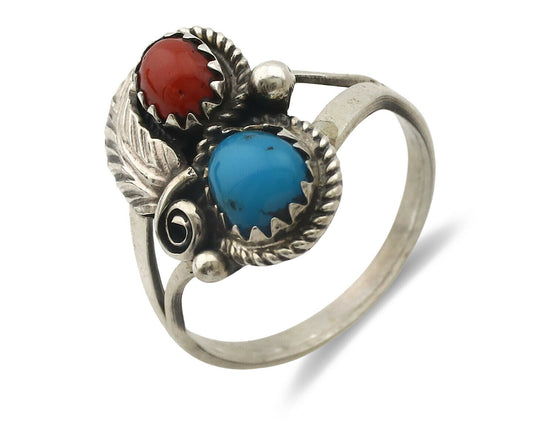 Navajo Ring .925 Silver Morenci Turquoise & Coral Native Artist Signed JM C.80's