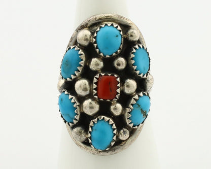 Navajo Ring 925 Silver Blue Turquiose & Coral Artist Signed Elgin Hoskey C.80's