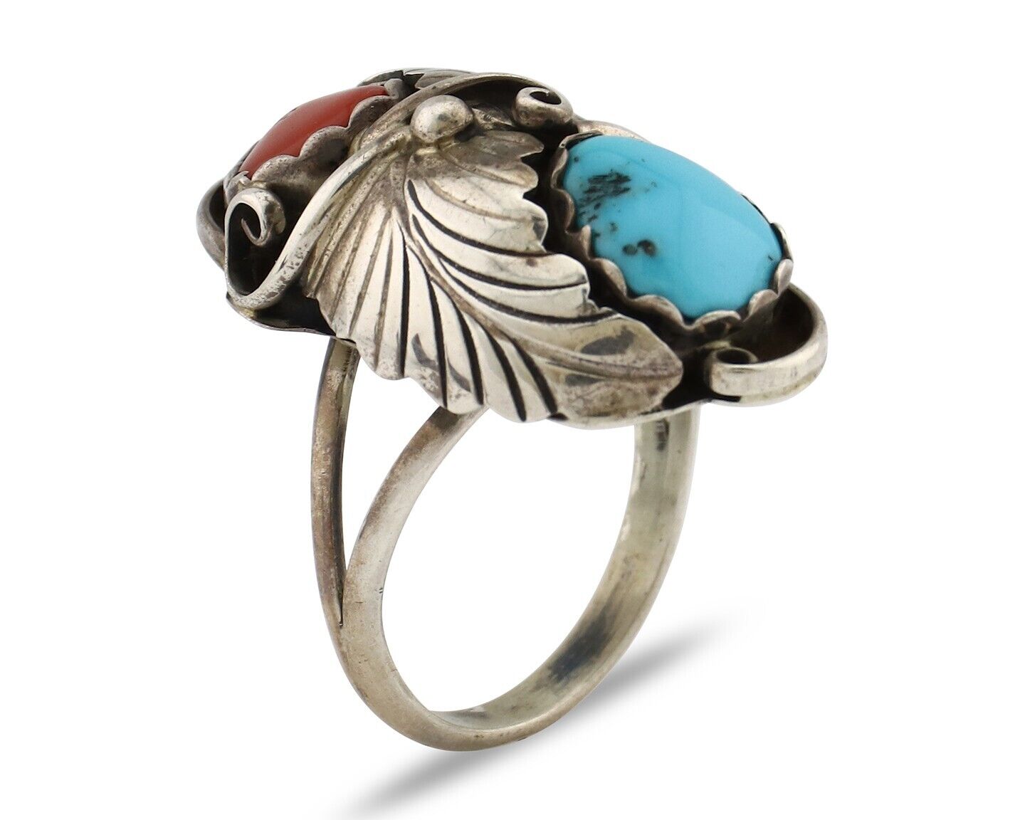 Navajo Handmade Ring 925 Silver Turquiose & Coral Artist Signed E C.80's