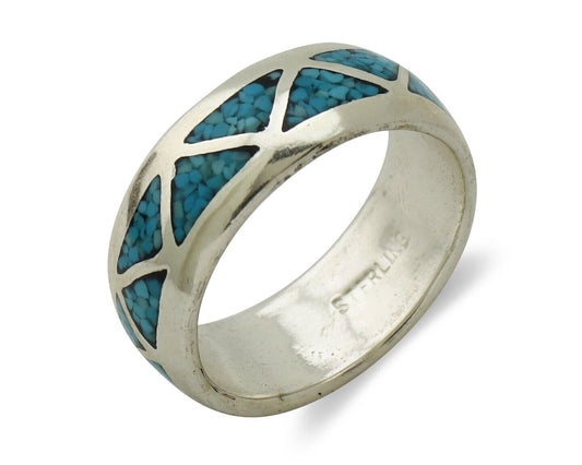 Navajo Chip Inlay Ring 925 Silver Sleeping Beauty Turquoise Artist Silver Cloud
