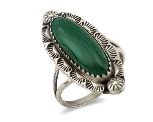 Navajo Ring 925 Silver Natural Malachite Artist Native American Signed H C.80's