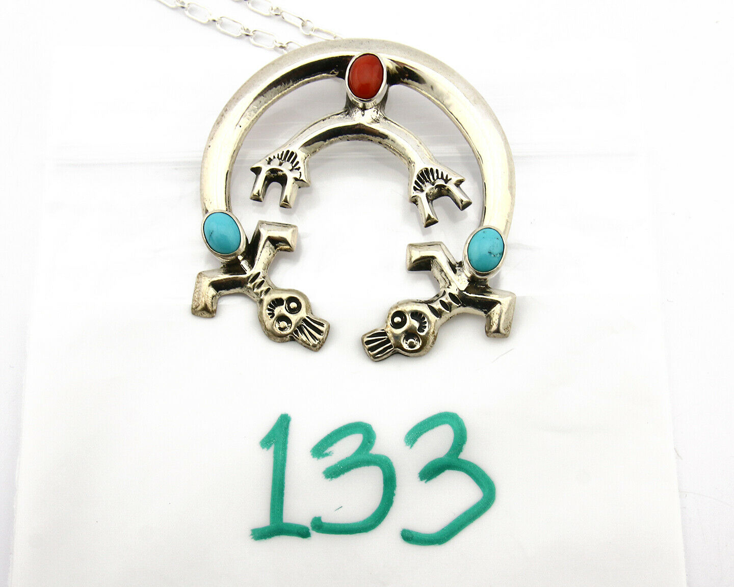 Navajo Necklace .925 Silver Natural Red Coral Turquoise Artist Native C.80's