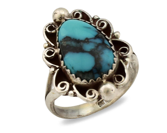 Navajo Ring .925 Silver Nevada Turquoise Native American Artist TALHAT C.1980's