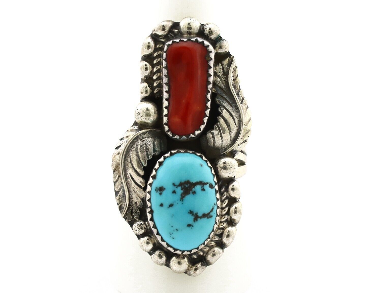 Navajo Ring 925 Silver Blue Turquoise & Coral Signed Stanley Bain C.80's