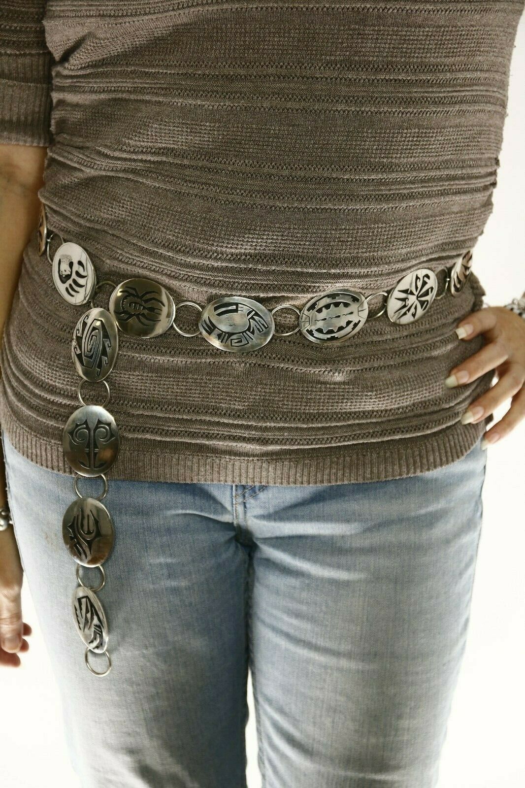 Hopi Concho Belt .925 SOLID Sterling Silver Signed Casey Cuch Overlay C.80's