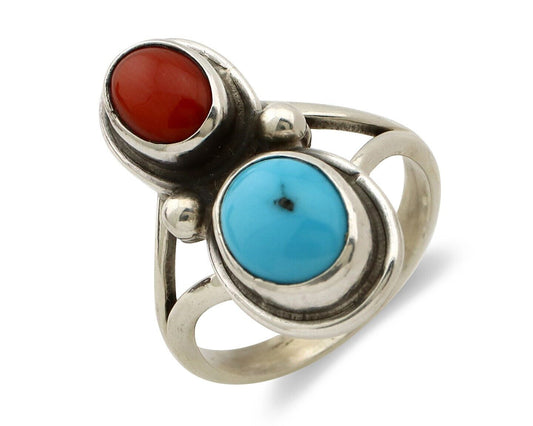 Navajo Handmade Ring 925 Silver Coral & Turquoise Native American Artist C.80's