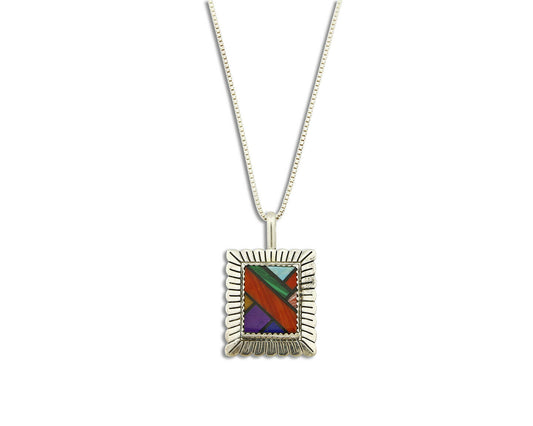 QVC Navajo Inlaid & Block Gemstone Pendant .925 Silver Handmade Signed QT .80's