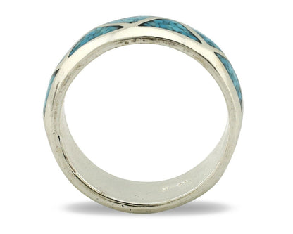 Navajo Chip Inlay Ring 925 Silver Sleeping Beauty Turquoise Artist Silver Cloud