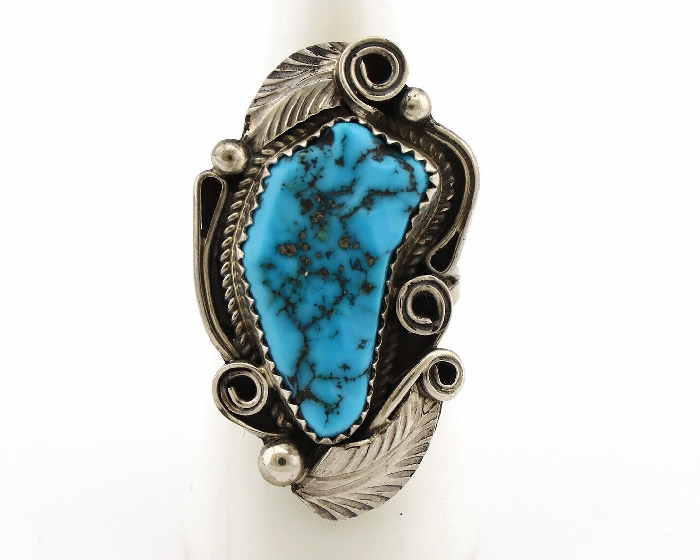 Navajo Inlay Band Ring 925 Silver Blue Morenci Turquoise Signed Justin Morris