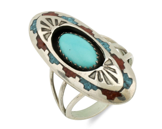 Navajo Ring 925 Silver Turquoise & Coral Signed Circle JW C.80s