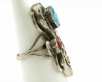 Navajo Ring .925 Silver Turquoise & Coral Native American Artist C.1980's