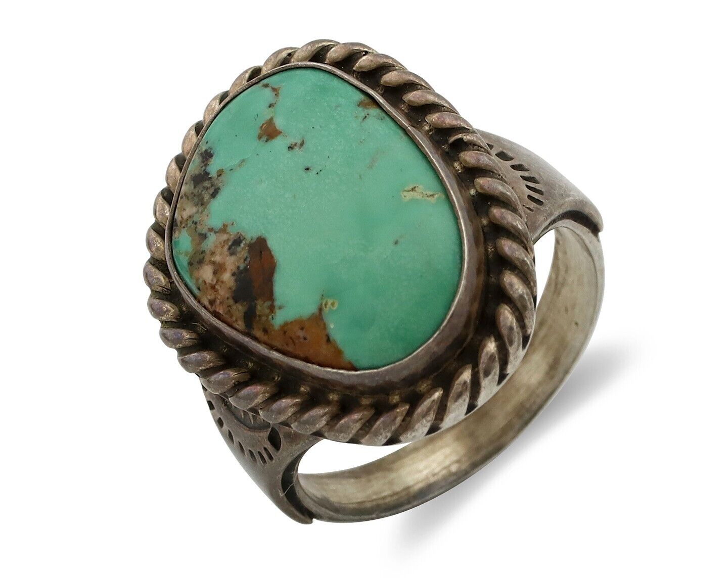 Navajo Handmade Ring 925 Silver Globe Turquoise Signed Native Artist C.80's