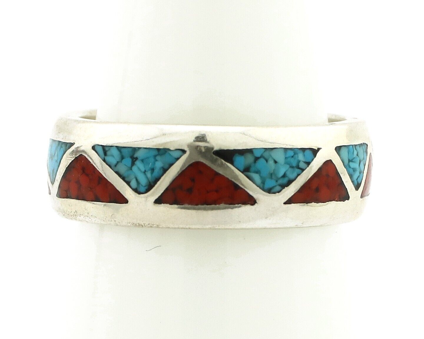 Navajo Chip Inlay Ring 925 Silver Sleeping Beauty Turquoise & Coral Silver Cloud