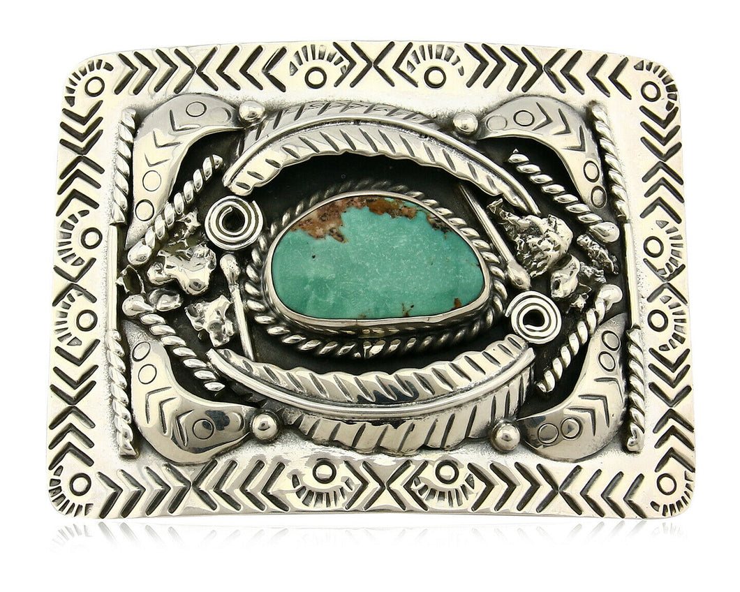 Navajo Belt Buckle .925 Silver Morenci Turquoise Artist Signed Tipi C.80's