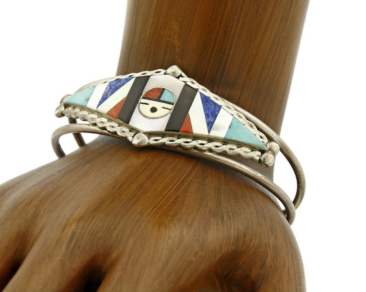 Navajo Unknown Artist Sun God Inlaid Gemstone .925 Silver Cuff Bracelet