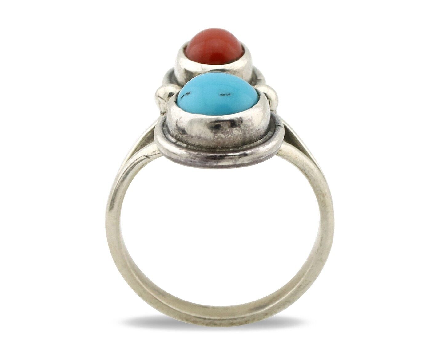 Navajo Inlay Band Ring 925 Silver Turquoise & Coral Native Artist C.80's