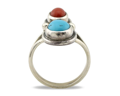 Navajo Inlay Band Ring 925 Silver Turquoise & Coral Native Artist C.80's