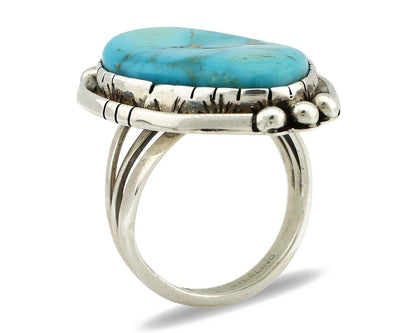 Navajo Ring 925 Silver Natural Mined Blue Gem Turquoise Artist Signed A C.80's
