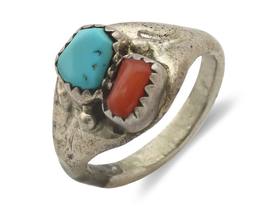 Zuni Ring .925 Silver Natural Turquoise & Coral Native American Artist C.1980's