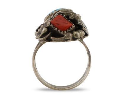 Navajo Handmade Ring 925 Silver Turquiose & Coral Artist Signed M C.80's