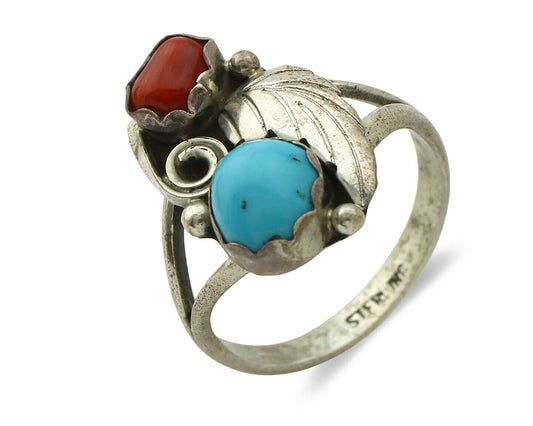 Navajo Ring .925 Silver Turquoise & Coral Native American Artist C.1980's