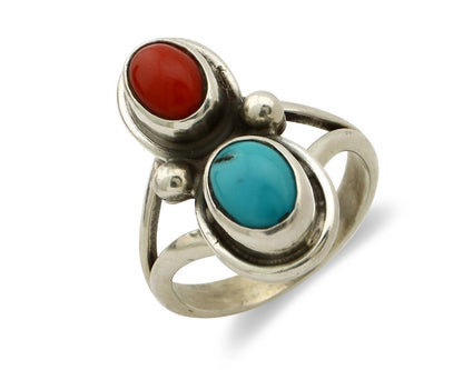 Navajo Handmade Ring 925 Silver Coral & Turquoise Native American Artist C.80's