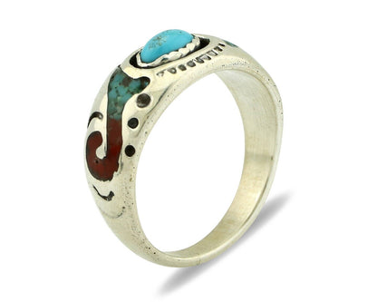 Navajo Handmade Ring 925 Silver Blue Turquoise & Coral Native American C.80's