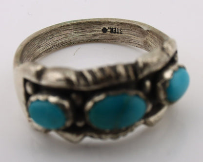 Navajo Ring .925 Silver Natural Blue Turquoise Artist Signed Sun Bell C.80's