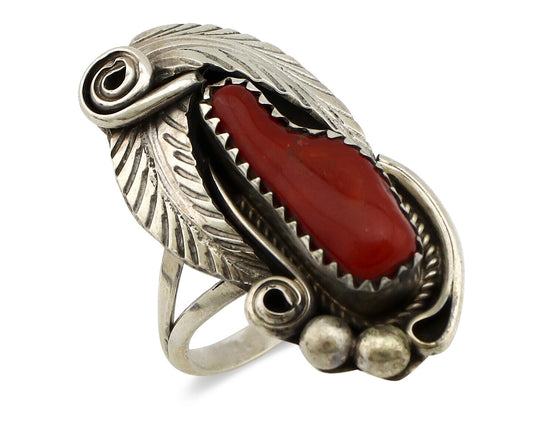 Navajo Ring 925 Silver Mediterranean Coral Artist Signed Justin Morris C.80's