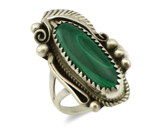 Navajo Ring 925 Silver Natural Green Malachite Signed Justin Morris C.80's