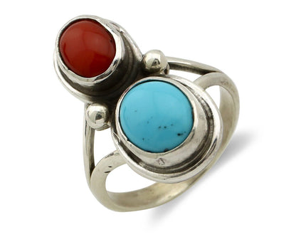 Navajo Handmade Ring 925 Silver Coral & Turquoise Native American Artist C.80's
