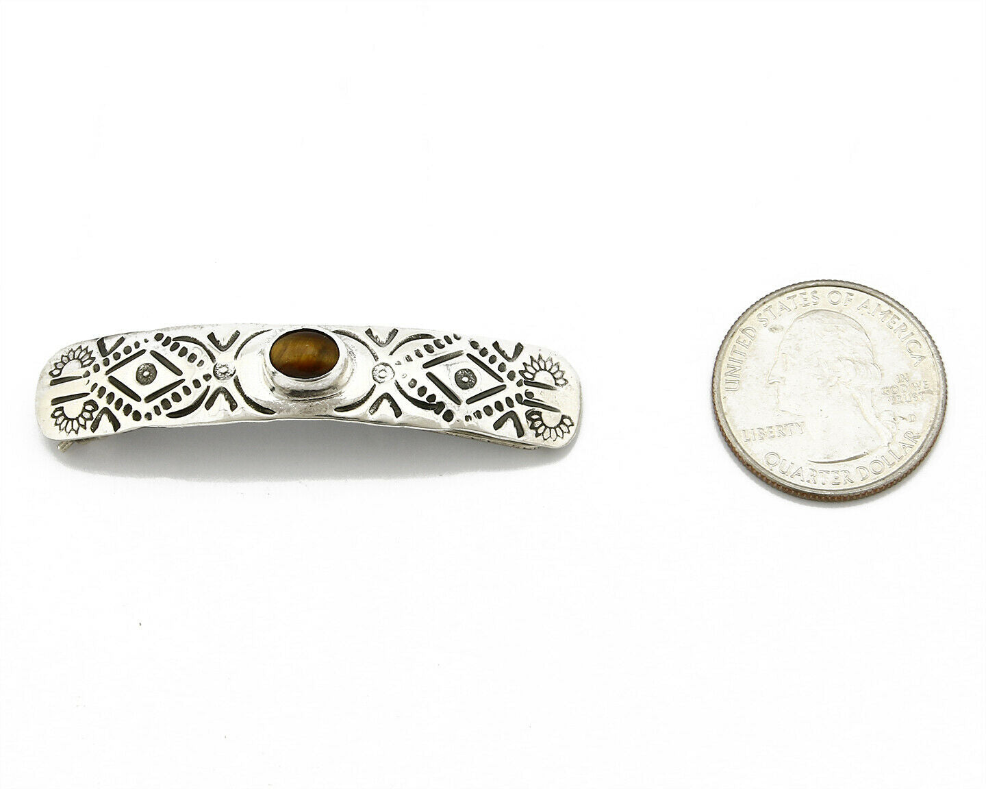 Navajo Tigers Eye .925 SOLID SILVER Hand Stamped 12mm Wide Barrette Hair Clip