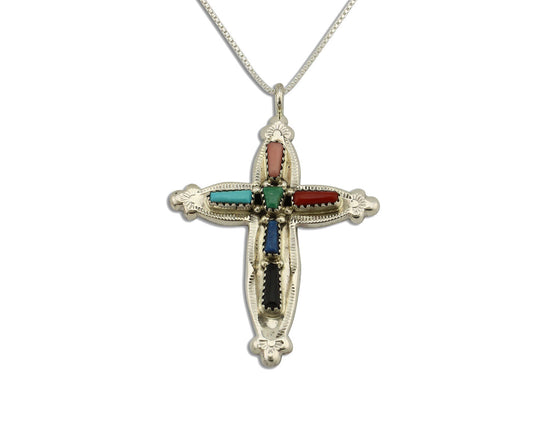 Zuni Handmade Cross Necklace 925 Silver Natural Gemstone Signed E Kaskalla C.80s