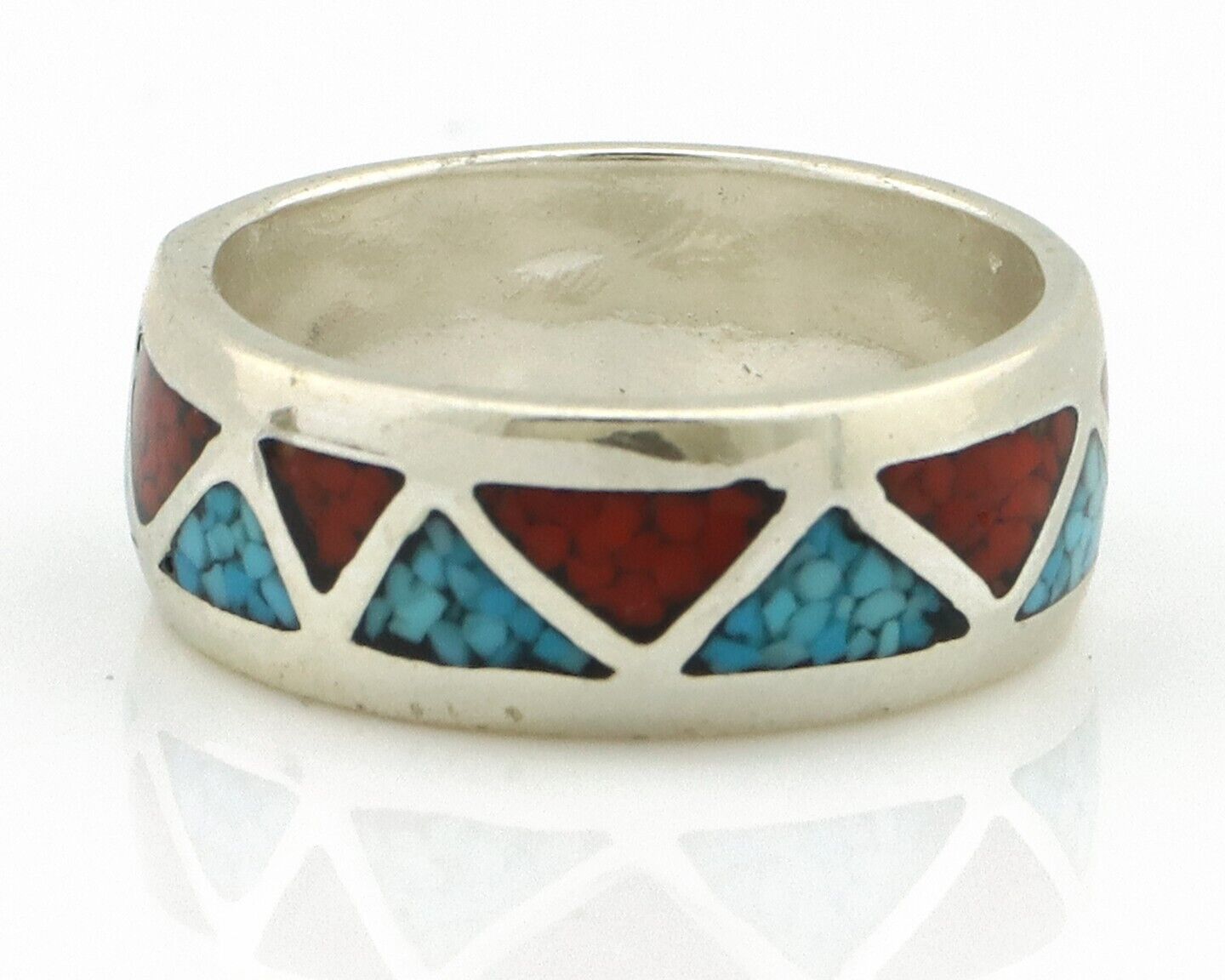 Navajo Ring 925 Silver Natural Turquoise & Coral Native American Artist C.80's