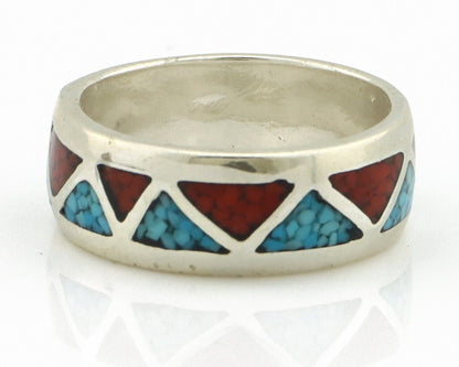 Navajo Ring 925 Silver Natural Turquoise & Coral Native American Artist C.80's