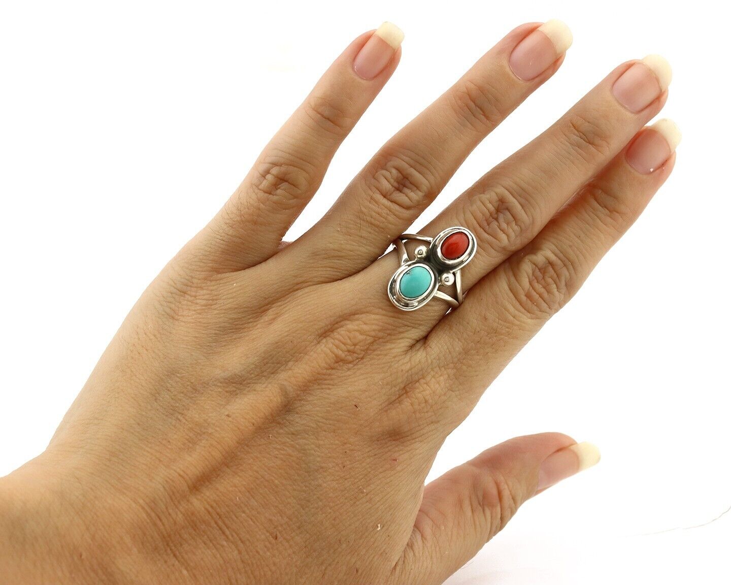 Navajo Handmade Ring 925 Silver Coral & Turquoise Native American Artist C.80's