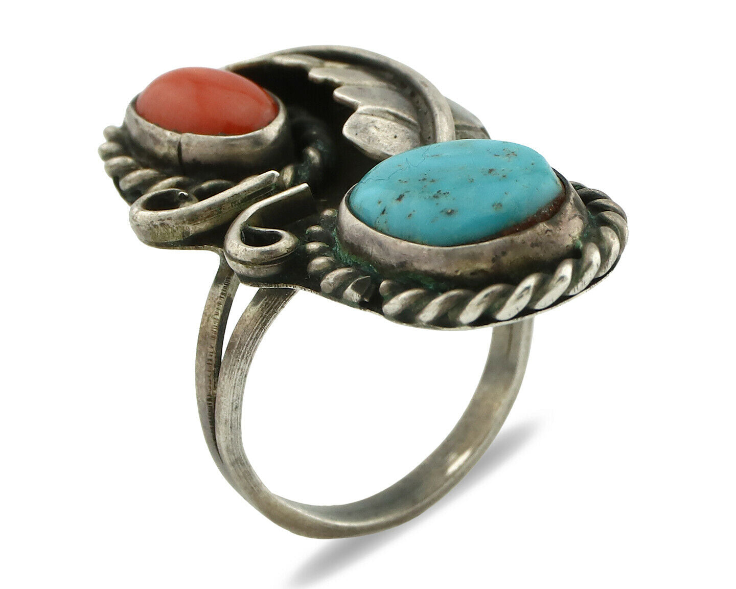 Navajo Ring .925 Silver Turquoise & Coral Native American Artist C.1975's