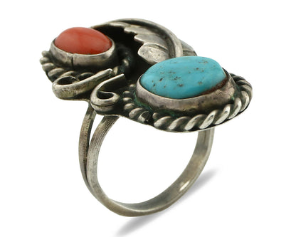 Navajo Ring .925 Silver Turquoise & Coral Native American Artist C.1975's