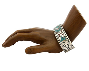 Navajo Bracelet .925 Silver Turquoise & Coral Cuff Signed Stanley Bain C.80's