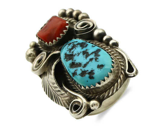 Navajo Ring .925 Silver Turquoise & Coral Artist Signed Justin Morris C.1980's