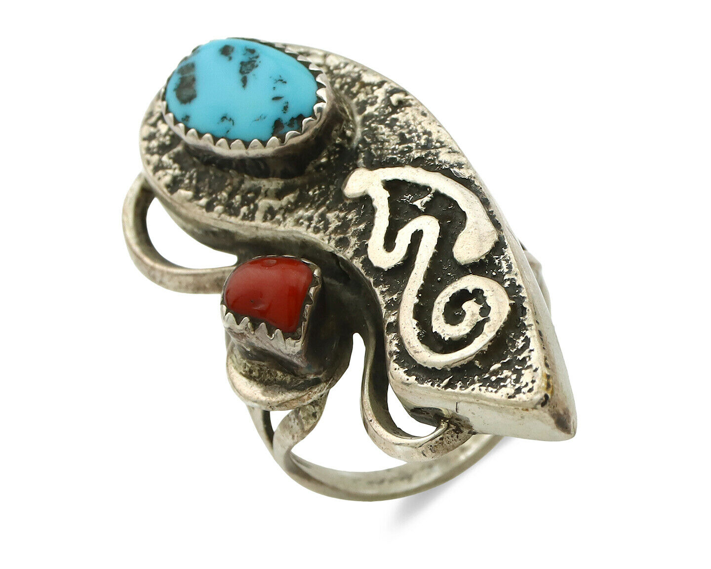 Navajo Ring .925 Silver Turquoise & Coral Native American Artist C.1980's