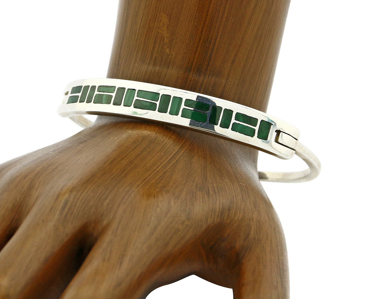 C. 1980's Navajo Signed WH SOLID .925 Silver Malachite Inlaid Cuff