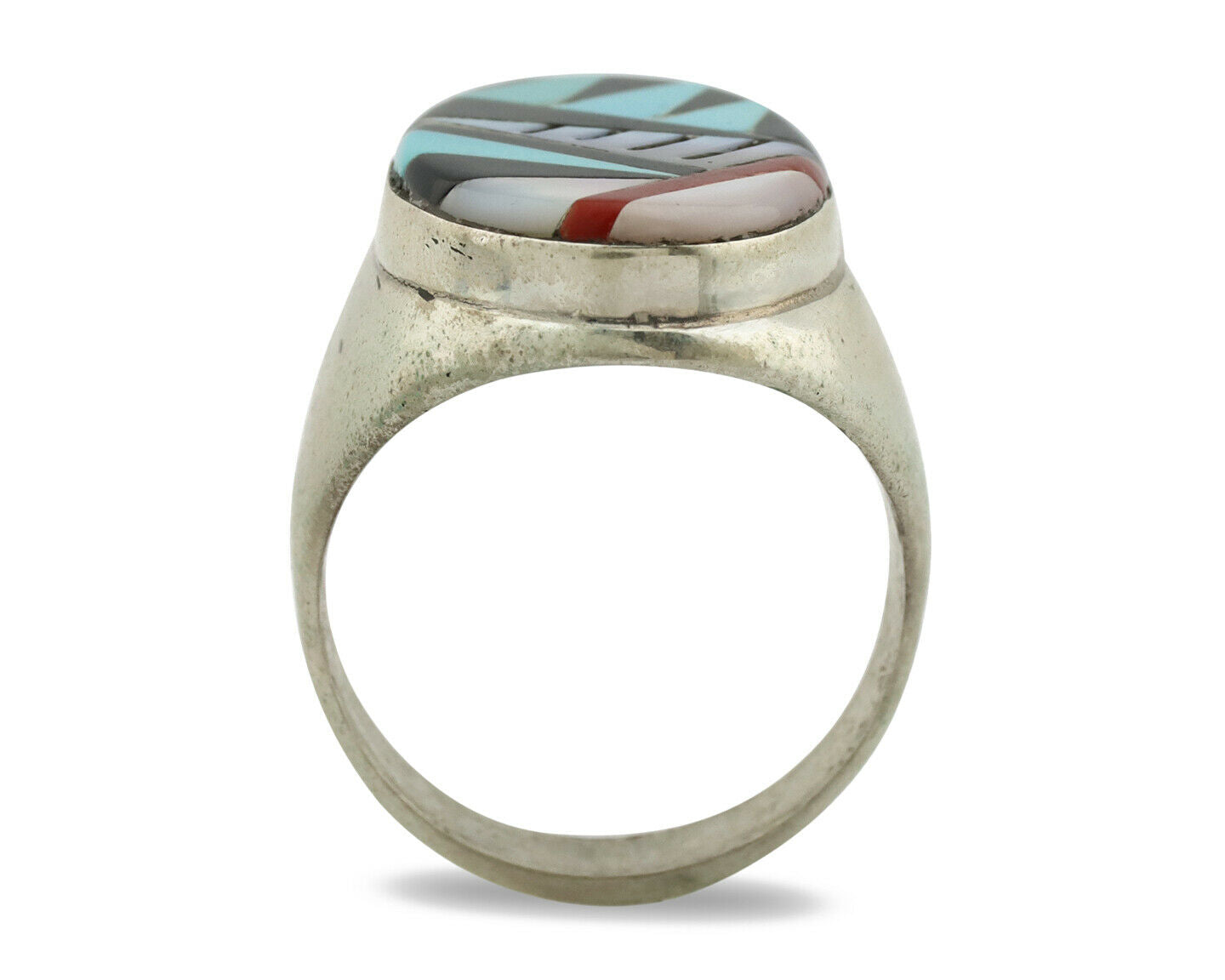 Zuni Inlaid Ring .925 Silver Gemstone Artist Native American C.1980's