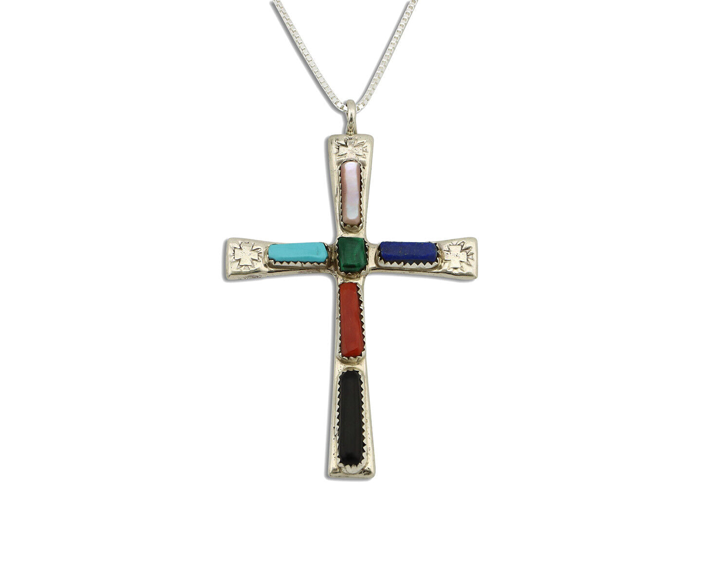 Zuni Handmade Cross Necklace 925 Silver Natural Gemstone Signed W. IULE C.80's